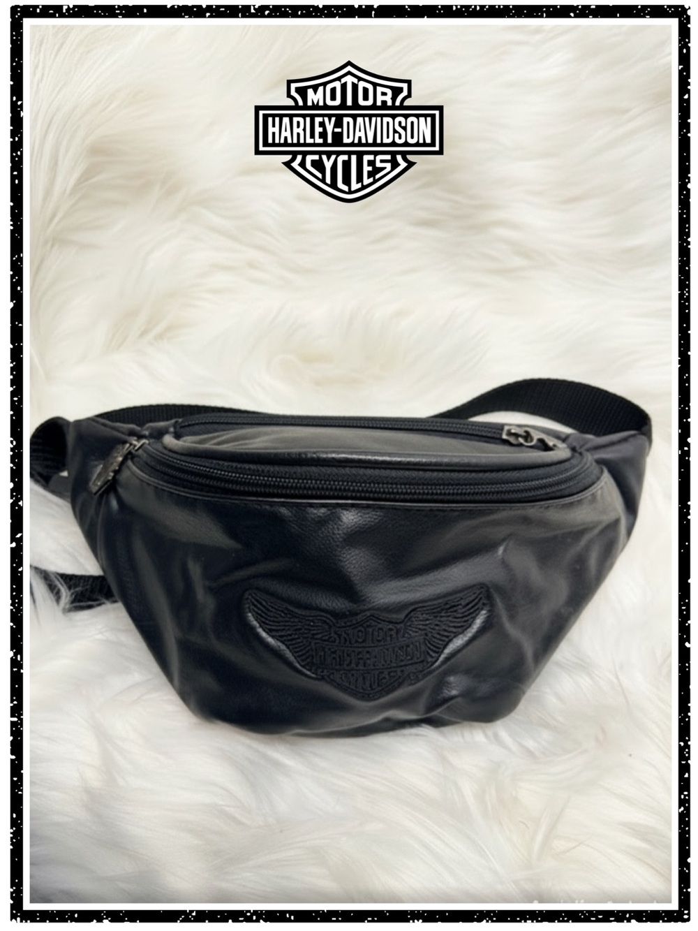 Harley-Davidson Black Leather Fanny Pack Travel Bag • EUC (like new)